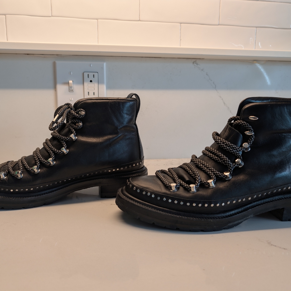 rag & bone Black Leather Lug-Sole Combat Boots with Stud Trim - Picture 5 of 8